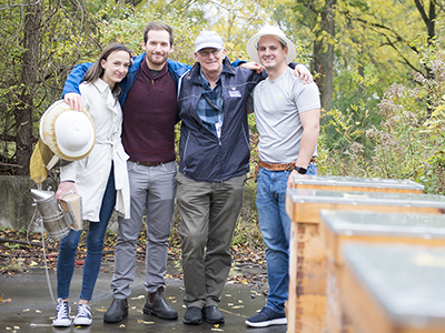 Anna Chernyshova, Brendan Daisley, Gregor Reid and Andrew Pitek at the experimental apiary at Western